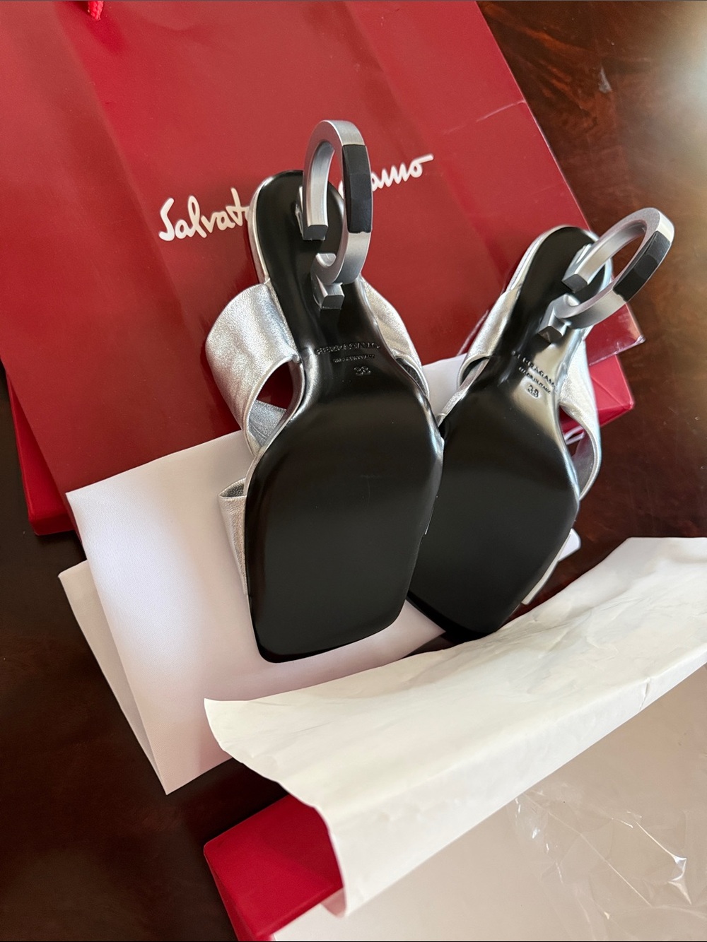 Ferragamo Silver Metallic Circular-Heel Slide Sandals - Picture 15 of 16